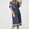 Printed 1/2 Batwing Sleeve Midi Dress