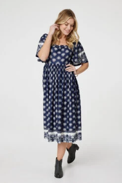 Printed 1/2 Batwing Sleeve Midi Dress 12 Printed 1/2 Batwing Sleeve Midi Dress -Girls Zone D170051 NAVY AND WHITE 2