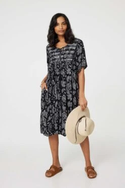 Paisley Print Keyhole Neck Relaxed Dress -Girls Zone D170409 BLACK AND WHITE 1