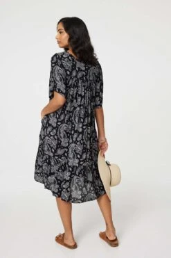 Paisley Print Keyhole Neck Relaxed Dress -Girls Zone D170409 BLACK AND WHITE 2
