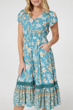 Floral V-Neck Shirred Midi Dress -Girls Zone D170443 MULTI GREEN 6