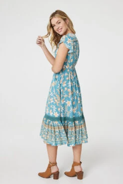 Floral V-Neck Shirred Midi Dress -Girls Zone D170443 MULTI GREEN 8