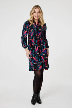 Leaf Print Smocked Shirt Dress