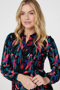 Leaf Print Smocked Shirt Dress -Girls Zone D170474 MULTI BLACK 3