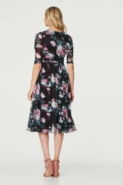 Floral Ruched Midi Tea Dress -Girls Zone D170676 MULTI BLACK 5