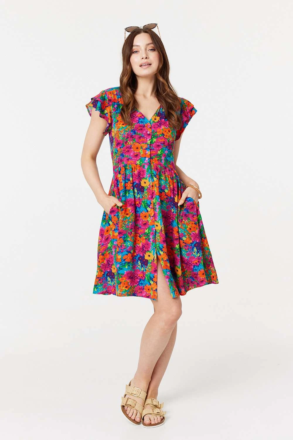 Floral V-Neck Frilled Sleeve Short Dress 2 Floral V-Neck Frilled Sleeve Short Dress - Image 2