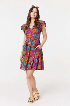 Floral V-Neck Frilled Sleeve Short Dress 14 Floral V-Neck Frilled Sleeve Short Dress -Girls Zone D171219 MULTI PINK 2