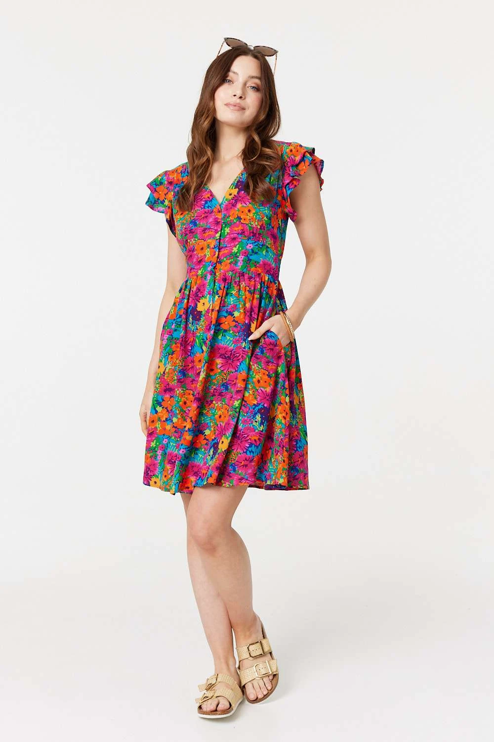 Floral V-Neck Frilled Sleeve Short Dress 7 Floral V-Neck Frilled Sleeve Short Dress - Image 7