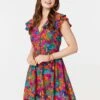 Floral V-Neck Frilled Sleeve Short Dress