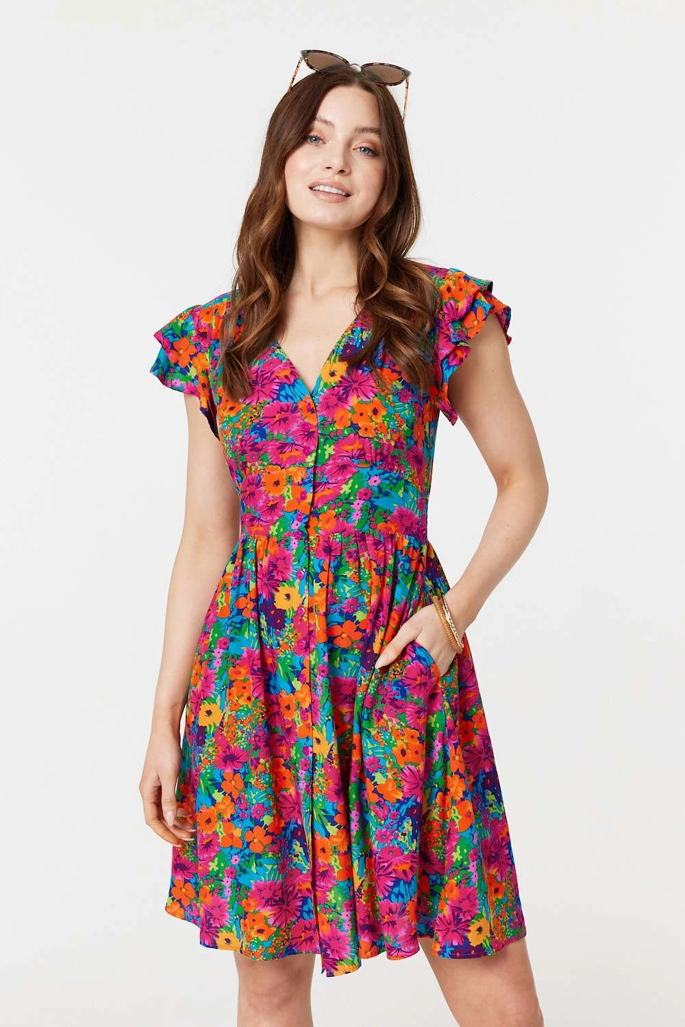 Floral V-Neck Frilled Sleeve Short Dress 6 Floral V-Neck Frilled Sleeve Short Dress - Image 6