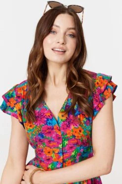 Floral V-Neck Frilled Sleeve Short Dress 12 Floral V-Neck Frilled Sleeve Short Dress -Girls Zone D171219 MULTI PINK 5