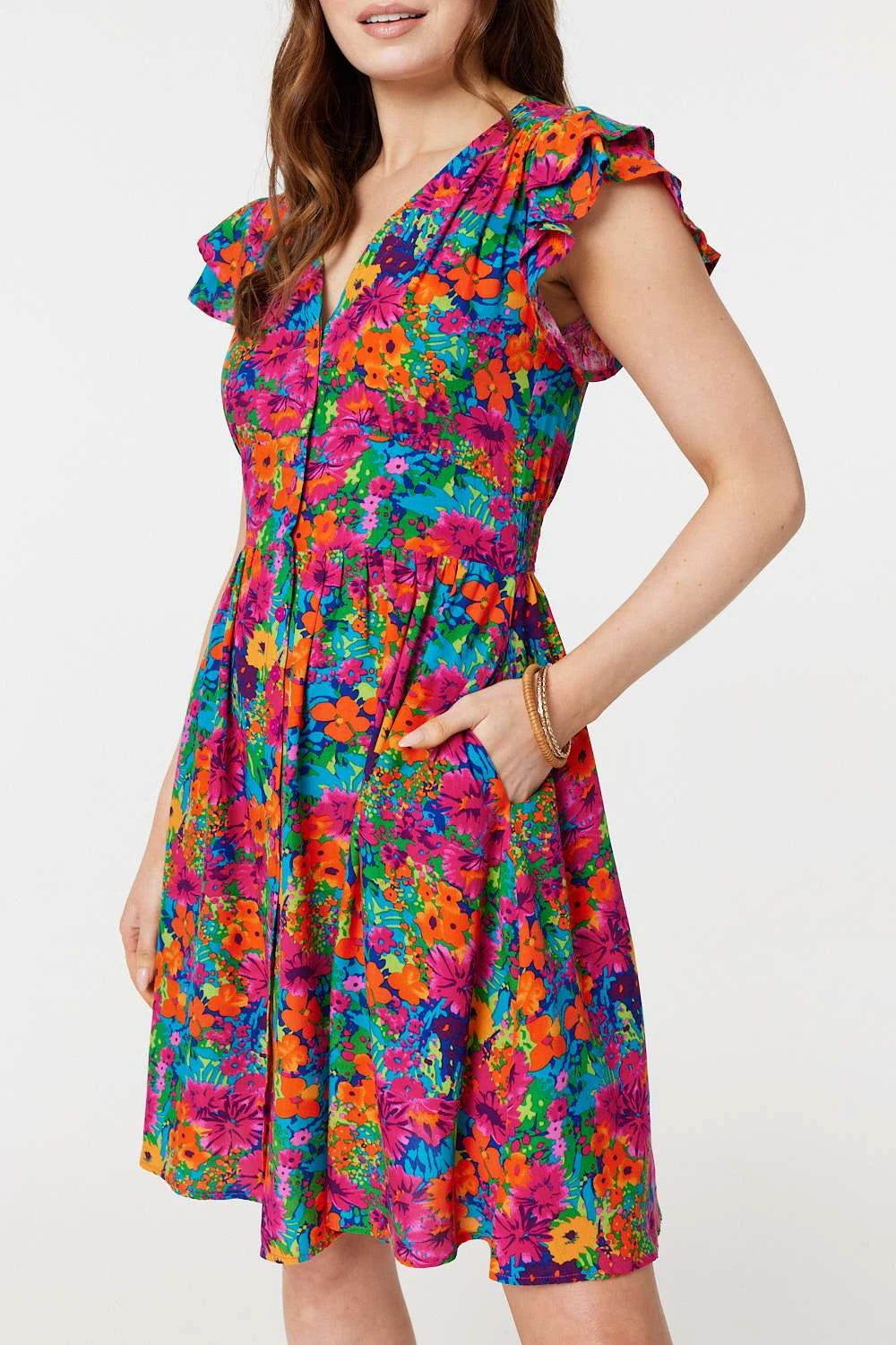 Floral V-Neck Frilled Sleeve Short Dress 4 Floral V-Neck Frilled Sleeve Short Dress - Image 4