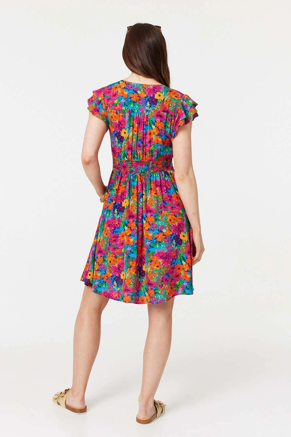 Floral V-Neck Frilled Sleeve Short Dress 3 Floral V-Neck Frilled Sleeve Short Dress - Image 3