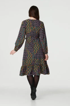 Patchwork Print Ruffled Wrap Dress -Girls Zone D171255 MULTI BLACK 5