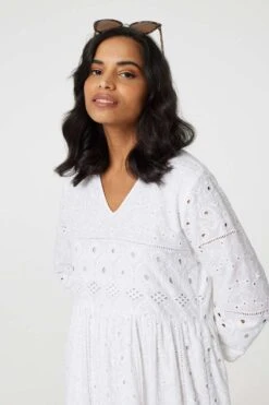 Broderie Anglaise 3/4 Sleeve Midi Dress -Girls Zone D171349 WHITE 5