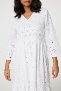 Broderie Anglaise 3/4 Sleeve Midi Dress -Girls Zone D171349 WHITE 6