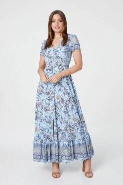 Floral V-Neck Button Front Maxi Dress 12 Floral V-Neck Button Front Maxi Dress -Girls Zone D507923 BLUE 1