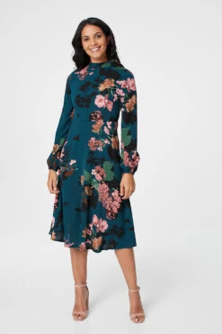Floral High Neck Midi Dress -Girls Zone D508245 TEAL 1 2d9a4c82 1046 4cc4 b7b4 d22d85261033