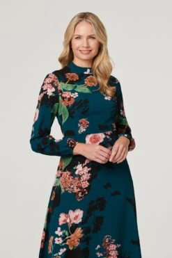 Floral High Neck Midi Dress -Girls Zone D508245 TEAL 3