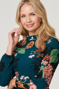 Floral High Neck Midi Dress -Girls Zone D508245 TEAL 4