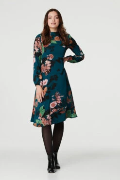Floral High Neck Midi Dress -Girls Zone D508245 TEAL 6