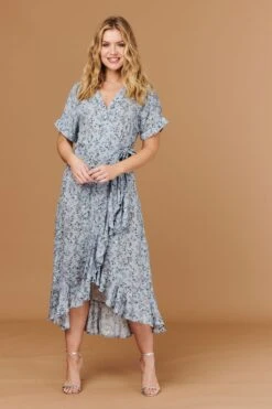 Ditsy Floral Short Sleeve Wrap Dress -Girls Zone D508786 MULTI BLUE 1