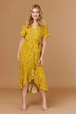 Ditsy Floral Short Sleeve Wrap Dress -Girls Zone D508786 MUSTARD 1
