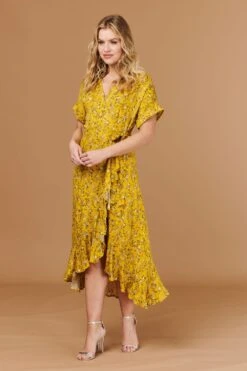 Ditsy Floral Short Sleeve Wrap Dress -Girls Zone D508786 MUSTARD 2
