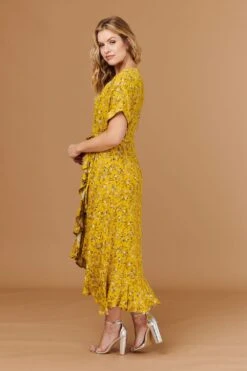 Ditsy Floral Short Sleeve Wrap Dress -Girls Zone D508786 MUSTARD 3