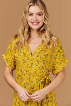 Ditsy Floral Short Sleeve Wrap Dress -Girls Zone D508786 MUSTARD 6