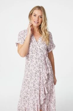 Ditsy Floral Short Sleeve Wrap Dress -Girls Zone D508786 PINK 3