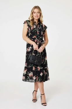 Floral Angel Sleeve Shirt Dress -Girls Zone D513346 MULTI BLACK 1