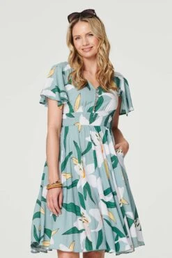 Floral Knee Length Skater Dress 13 Floral Knee Length Skater Dress -Girls Zone D513646 MULTI GREEN 5