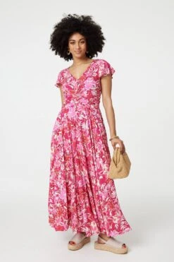 Floral Ruched V-Neck Maxi Dress