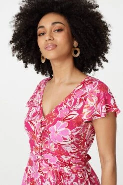 Floral Ruched V-Neck Maxi Dress -Girls Zone D514334 FUCHSIA 4 dc8ce278 c6d2 440d 98c0 c5eced3450de