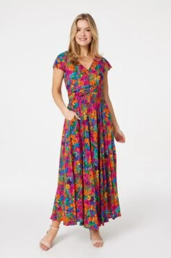 Floral Ruched Front Maxi Dress -Girls Zone D514335 MULTI PINK 1