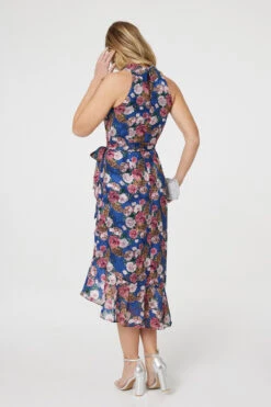 Floral Frill Hem Midi Halter Dress -Girls Zone D514341 COBALT BLUE 6