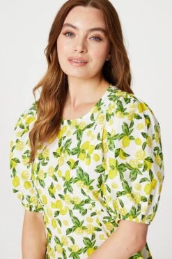 Lemon Print Puff Sleeve Midi Dress -Girls Zone D516382 LEMON 3