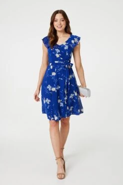Floral Frilled Knee Length Wrap Dress -Girls Zone D517451 MULTIBLUE 2