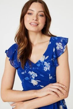 Floral Frilled Knee Length Wrap Dress -Girls Zone D517451 MULTIBLUE 4