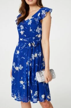 Floral Frilled Knee Length Wrap Dress -Girls Zone D517451 MULTIBLUE 5