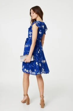 Floral Frilled Knee Length Wrap Dress -Girls Zone D517451 MULTIBLUE 6