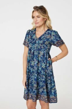 Paisley Border Print V-Neck Short Dress -Girls Zone D517690 TEAL 2