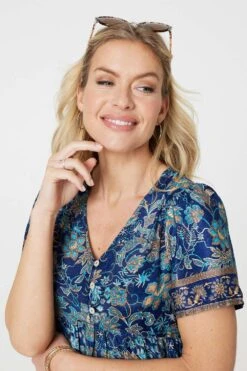 Paisley Border Print V-Neck Short Dress -Girls Zone D517690 TEAL 4