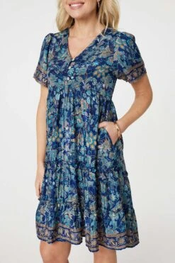 Paisley Border Print V-Neck Short Dress -Girls Zone D517690 TEAL 5