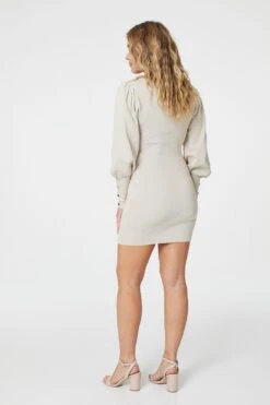 Puff Sleeve Knit Bodycon Dress -Girls Zone KD161297 BEIGE 4