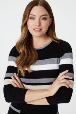 Striped 3/4 Sleeve Knit Dress 9 Striped 3/4 Sleeve Knit Dress -Girls Zone KD162998 MULTI BLACK 5