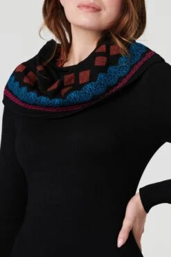 Printed Fit & Flare Dress With Scarf -Girls Zone KD171028 MULTI BLACK 3