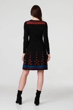 Printed Fit & Flare Dress With Scarf -Girls Zone KD171028 MULTI BLACK ALT 4